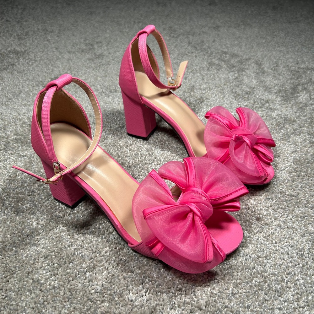 Hot Pink Block Heel Sandals Oversized Organza Bow Ankle Strap Size 38 EU - Picture 5 of 7